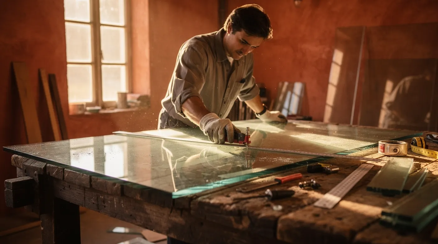 Artisan coupant une plaque de verre sur un établi d'atelier